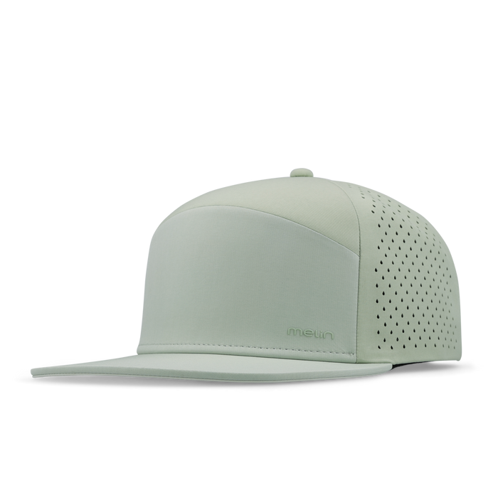 The angled view of the melin Horizon Fit Trenches Hydrolite hat in dusty mint