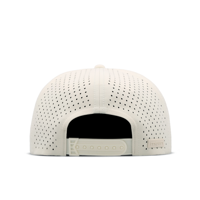 The back view of the melin Horizon Fit Trenches Icon Hydro hat in egret