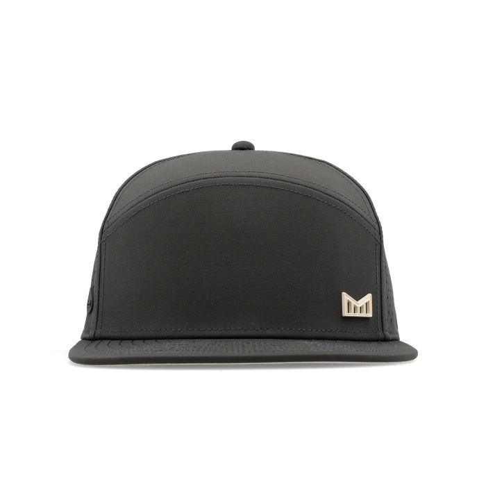 The frontal view of the melin Horizon Fit Trenches Icon Hydro hat in faded black