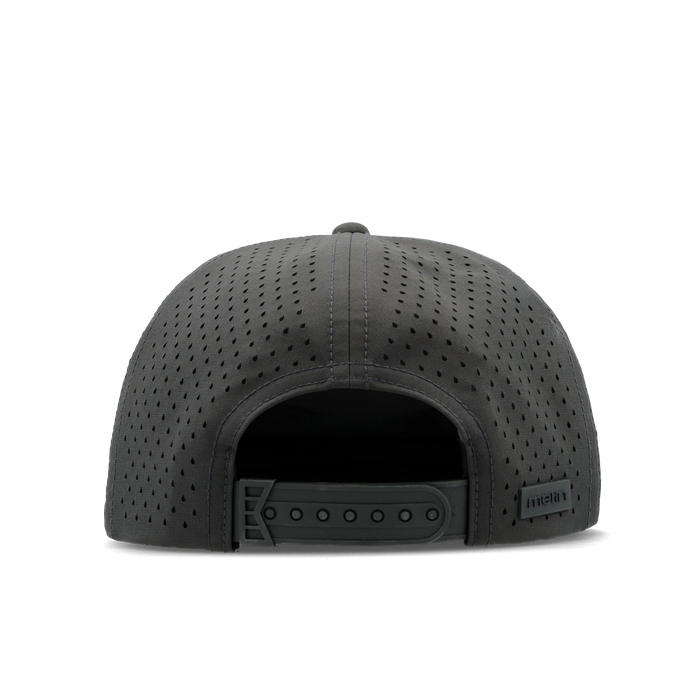 The back view of the melin Horizon Fit Trenches Icon Hydro hat in faded black