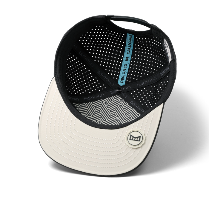 The inside view of the melin Horizon Fit Trenches Icon Hydro hat in faded black