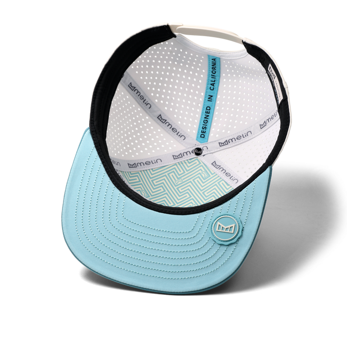 The inside view of the melin Horizon Fit Trenches Icon Hydro hat in riverwalk