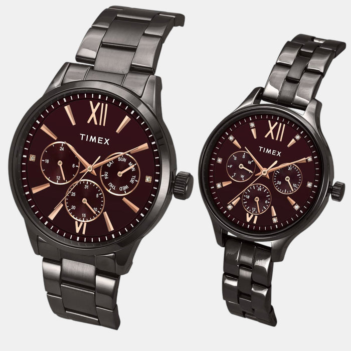 Trendline Couple Quartz Burgundy Dial Multi-Function Stainless Steel Watch TW00PR314